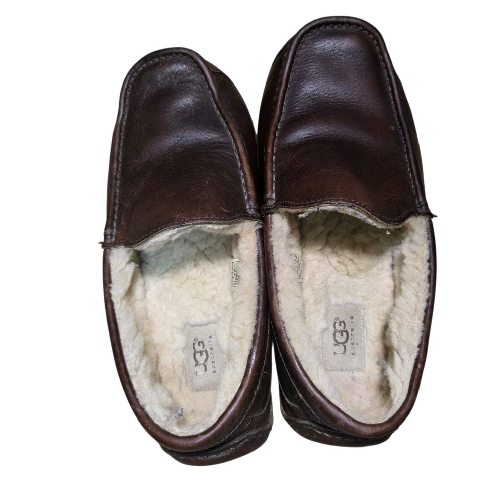 UGG Men's Ascot Slippers Dark Spice Brown Leather House Shoe 5379 Size 8